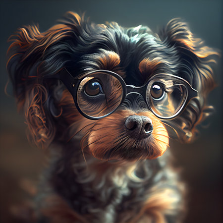 Portrait of a dog with glasses on a dark background. Digital painting.の素材