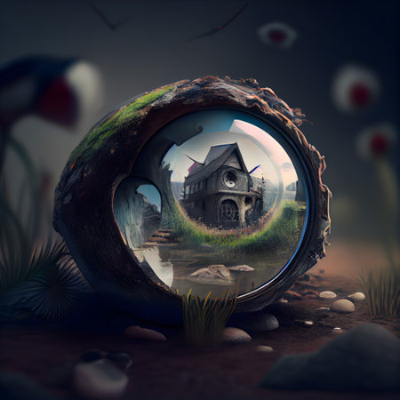 Fantasy landscape with an old house in a round hole. 3d renderingの素材
