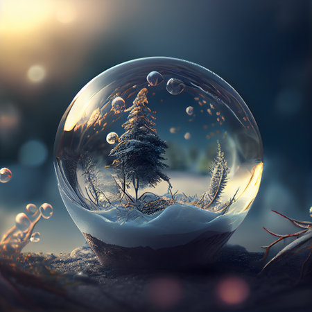 crystal ball with christmas tree on snow background. 3d illustrationの素材