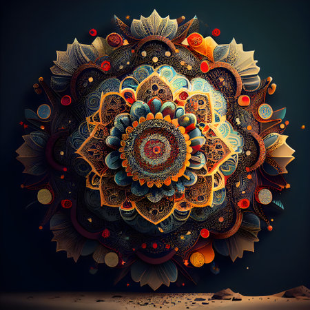 Colorful floral mandala on dark background. Ethnic decorative element.の素材