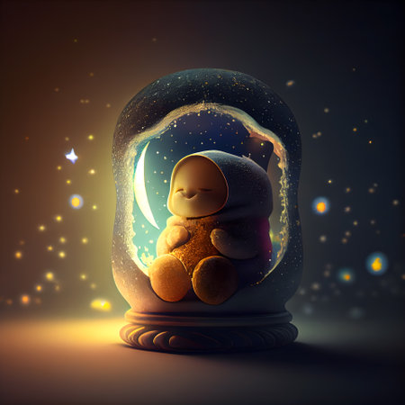 Snowman inside a snow globe; 3d illustration; horizontal; over dark backgroundの素材