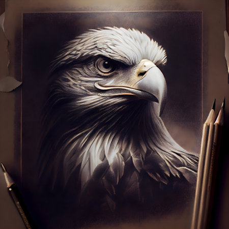 Close up of an eagle with pencils in the background. 3D rendering.の素材