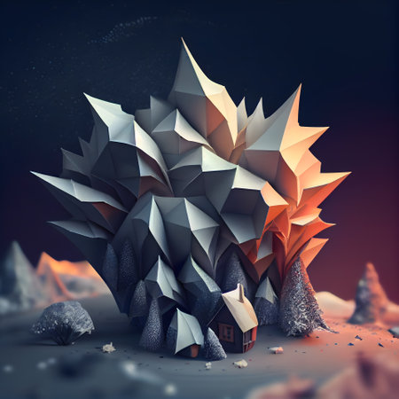 abstract 3d illustration of low poly house in the desert with mountainsの素材