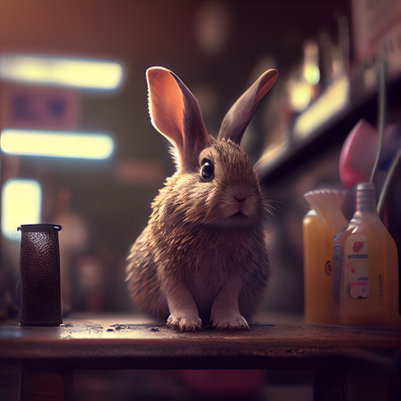 Rabbit in a cafe. Bokeh background. Vintage style.の素材