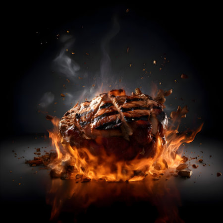 Cooking meat on fire; close-up; selective focus.の素材