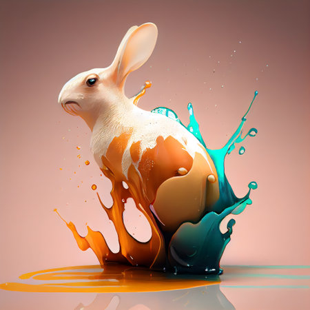 Easter bunny and egg splash. 3D illustration. Vintage style.の素材