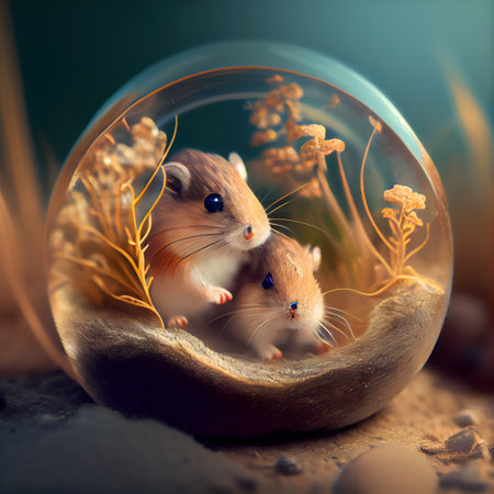 Two hamsters in a round glass aquarium. 3d rendering.の素材