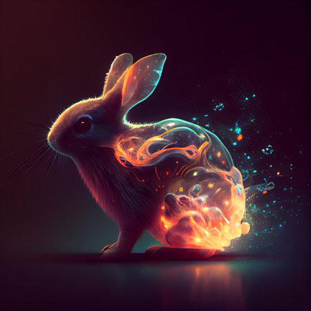 Rabbit with fire and smoke on dark background. 3D renderingの素材