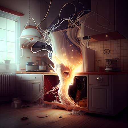 3d rendering of a burning fire in a modern kitchen at nightの素材