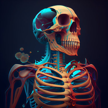 Human skeleton anatomy; 3D illustration; isolated on black background.の素材