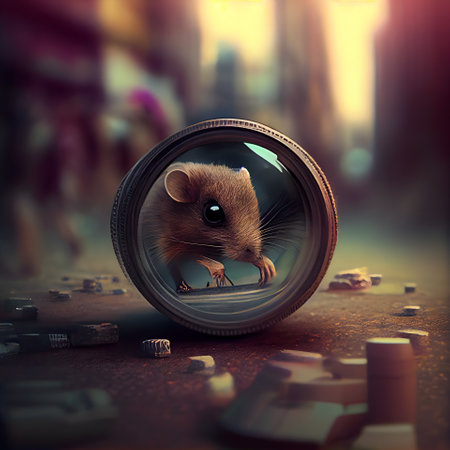 3d rendering of a mouse in a camera lens on a blurred backgroundの素材