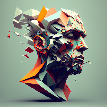 Abstract 3d rendering of human head made of colorful geometric shapes.の素材