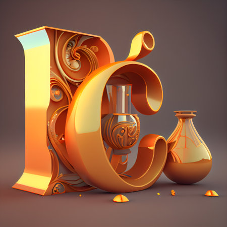 3d rendering of letter i in golden style with vase and crescentの素材