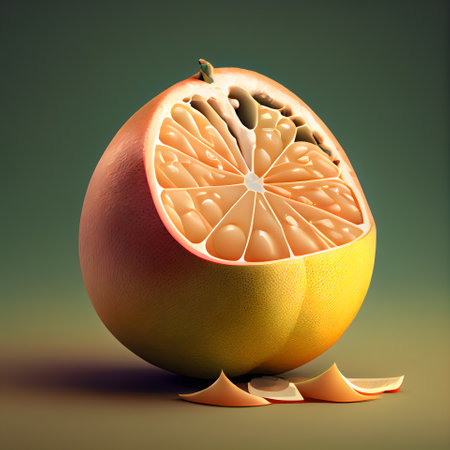 Pomelo fruit on a green background. 3d illustration.の素材