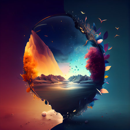 3d illustration of abstract planet in water with colorful splashes.の素材