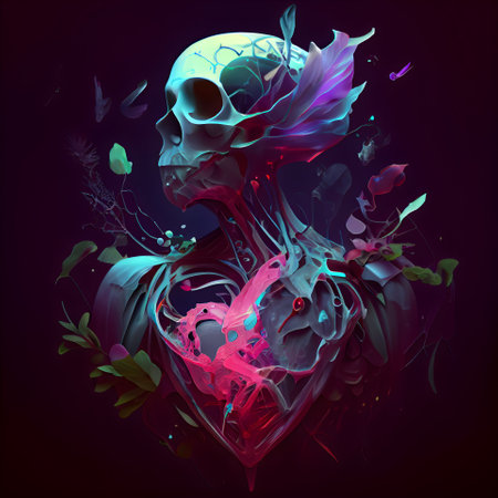 Skull in the form of a heart on a dark background.の素材