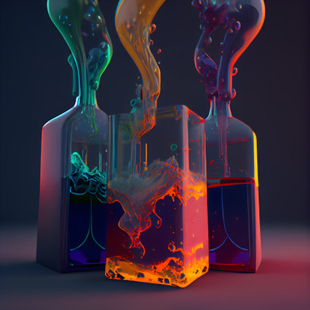 Colorful liquid splashing out of a bottle. 3D renderingの素材