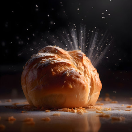 Donut with white icing sprinkled with powdered sugar on a black backgroundの素材
