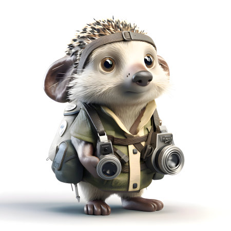 Hedgehog wearing a backpack and gas mask; 3d renderingの素材