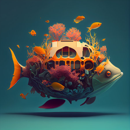 Underwater world with fish; house and car. illustration.の素材