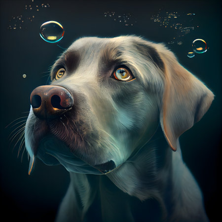 Labrador Retriever with bubbles in the eyes on a dark backgroundの素材