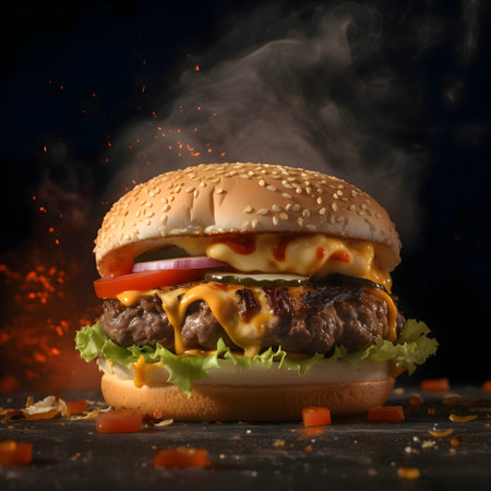 Hamburger with smoke on dark background; close-up.の素材