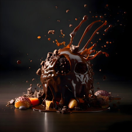 Chocolate splashing out of a chocolate cake with candies on a dark backgroundの素材