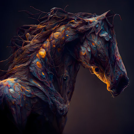 Horse portrait with colorful paint on black background. Fantasy art.の素材