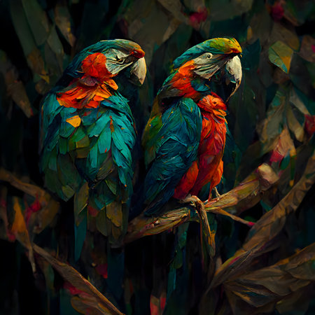 Two macaws sitting on a branch in the forest. Painting.の素材