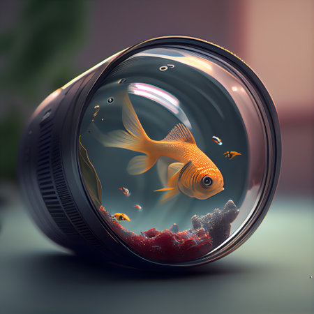 Goldfish in a glass aquarium. 3D illustration. Lens focus.の素材
