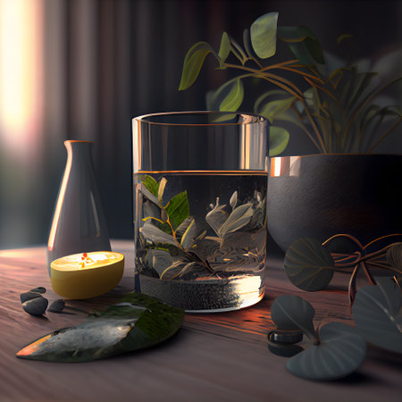Glass of water with candle and eucalyptus leaves. 3D renderingの素材