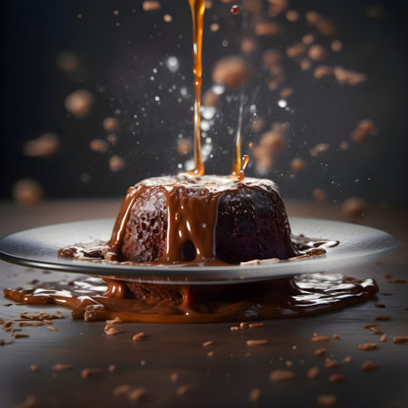 Chocolate cake with fruits and milk splash on a dark background.の素材