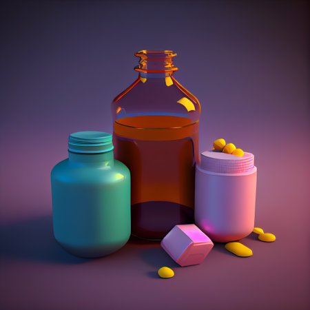 Magic potion in glass bottle. 3d render illustration on dark backgroundの素材