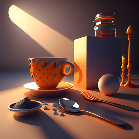 Cup of coffee in the morning light. 3D rendering.の素材