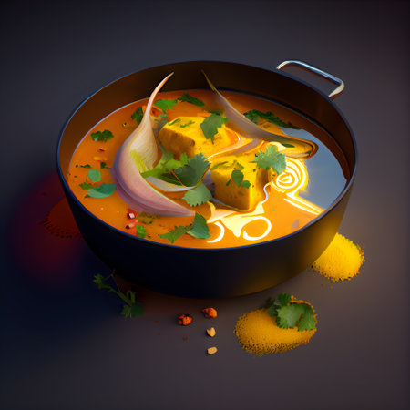 Bowl of soup with vegetables and spices; 3d illustration.の素材