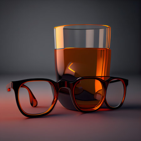 Glasses and a glass of whiskey on a dark background. 3d illustrationの素材