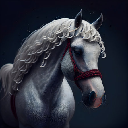 Beautiful white horse with a red bridle on a black backgroundの素材