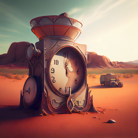 Vintage clock in the desert. 3d illustration. Vintage style.の素材