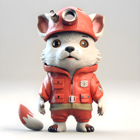 3d rendering of a cute cartoon dog in a fireman suitの素材
