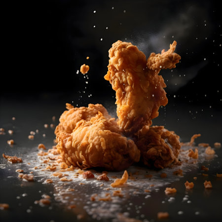 Fried chicken on a black background with splashes of water.の素材