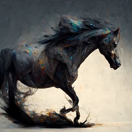 Black horse with paint splashes on a gray background. Digital paintingの素材