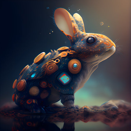 3d rendering of a little rabbit in a surreal space with planetsの素材
