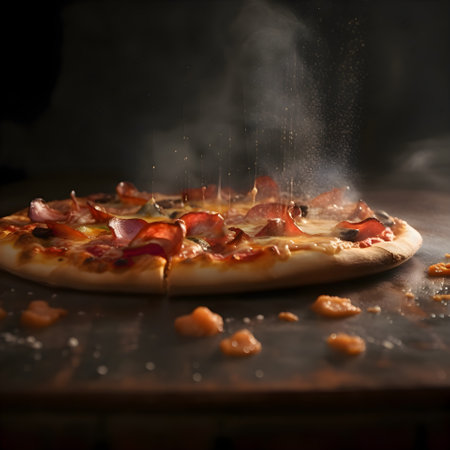 Slices of pepperoni pizza on black background. Toned.の素材