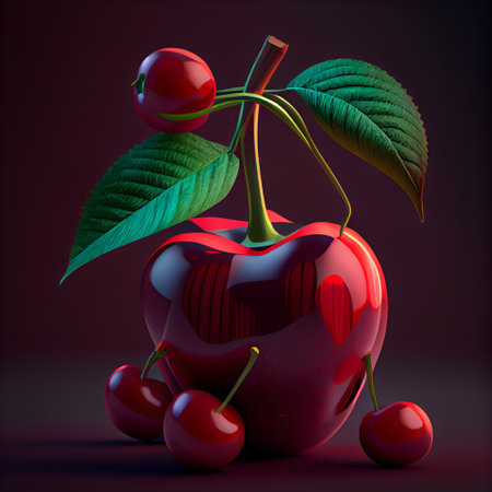 Cherry with leaves on a dark background. 3d illustration.の素材