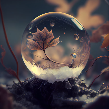 Crystal ball with autumn leaves and snow. 3d illustration. Nature concept.の素材