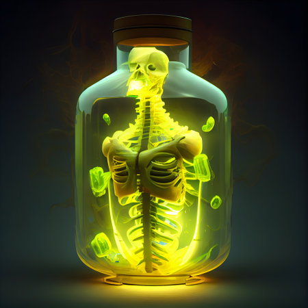 Human skeleton inside a bottle with glowing light inside. 3D illustration.の素材