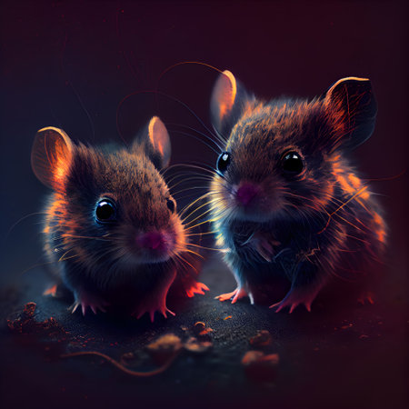 Two cute little mice on a dark background. Close-up.の素材