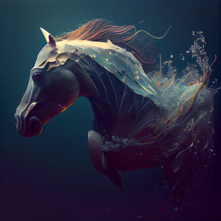 Horse with splashes of water on dark blue background. 3d renderingの素材