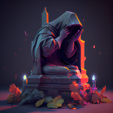 Hindu God Ganesha statue with burning candles and fallen leavesの素材