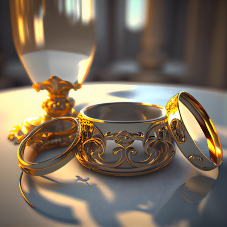 Wedding rings on the table. 3D illustration. Vintage style.の素材